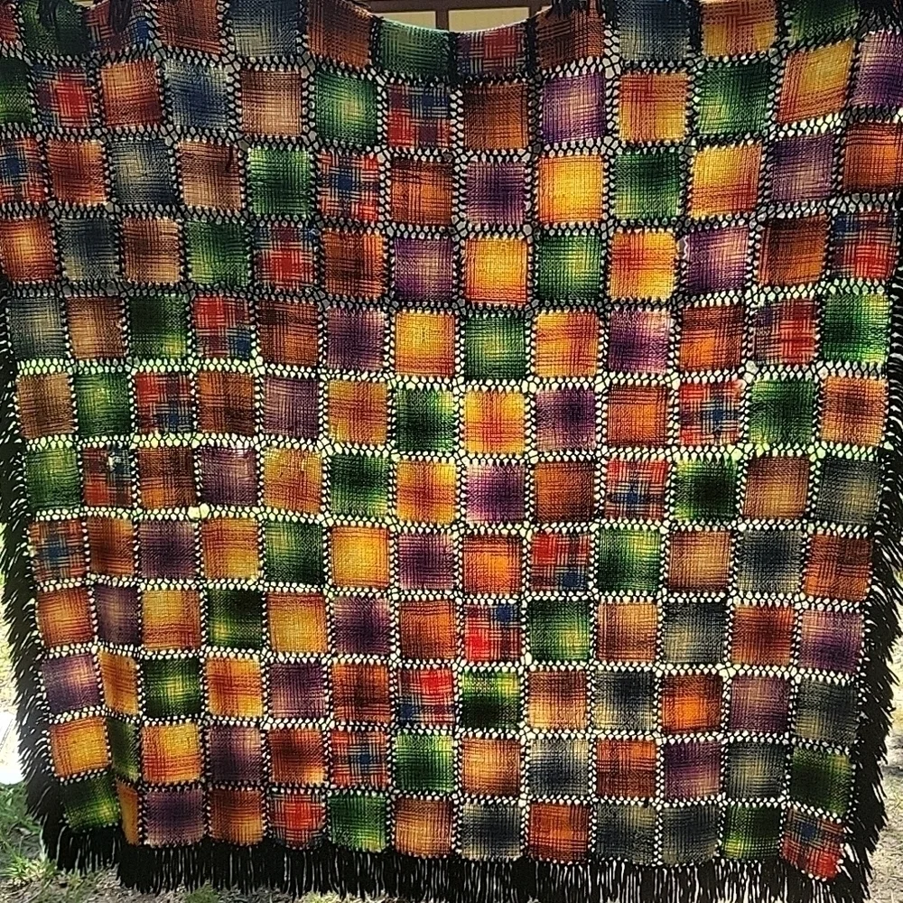 HANDMADE 1970s Rainbow Woven Knit Granny Square Patchwork Wall Throw